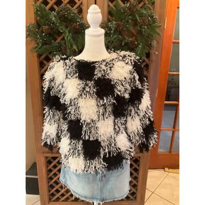 Vintage SideEffects Handmade Crochet Shag Sweater Black White Checkered Size Sma